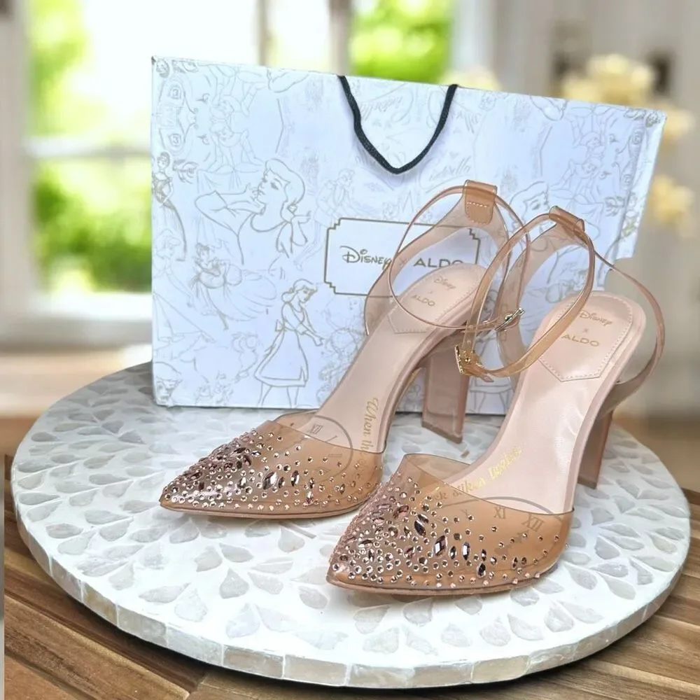 Disney x ALDO Glass Slipper Heels Clear Rhinestone Cinderella Pumps Bone Size 7.